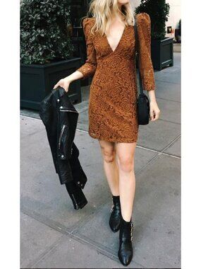 Free People XS Lace Rust Brown Long Sleeve Mini Dress Boho Chic